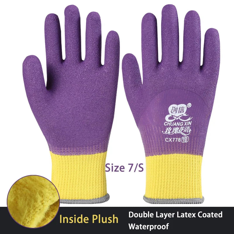 Purple winter waterproof thermal work gloves with yellow cuff and inside plush lining