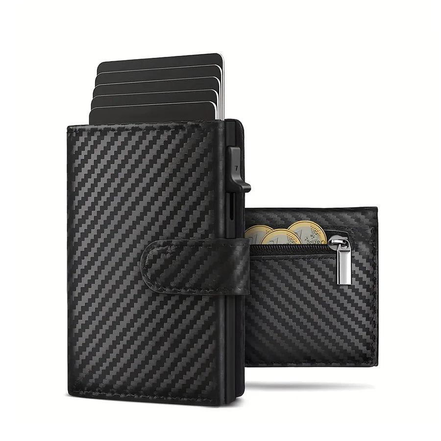Schwarzes Leder-Pop-up-Wallet mit mehreren Kartenfächern und einer Metallverschluss.