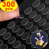 A hand applies a double-sided transparent adhesive patch to a black surface, showing the product size and quantity.