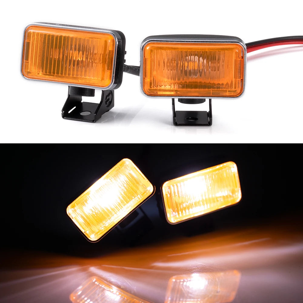 An LED headlight and spotlight set for 1/10 RC crawler trucks, shown in both assembled and illuminated views.