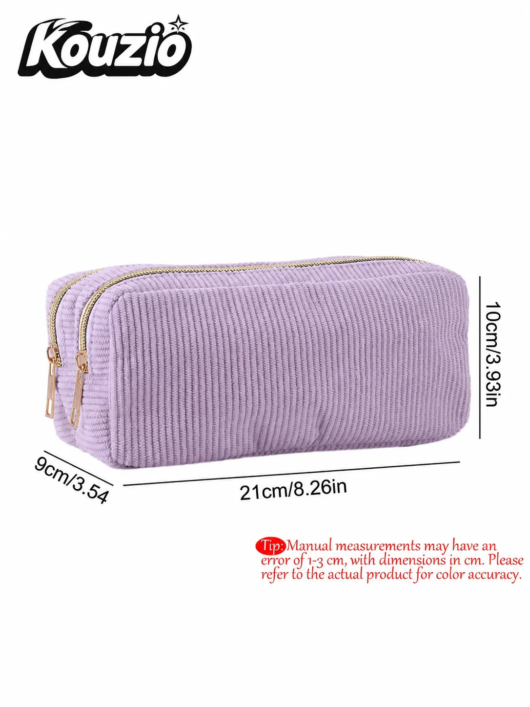 A lavender, ribbed pencil case with a double zipper is shown lying flat.