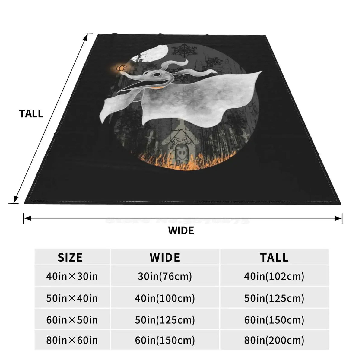 A black blanket featuring a silhouette of a white bat and a glowing orange circle against a dark background.