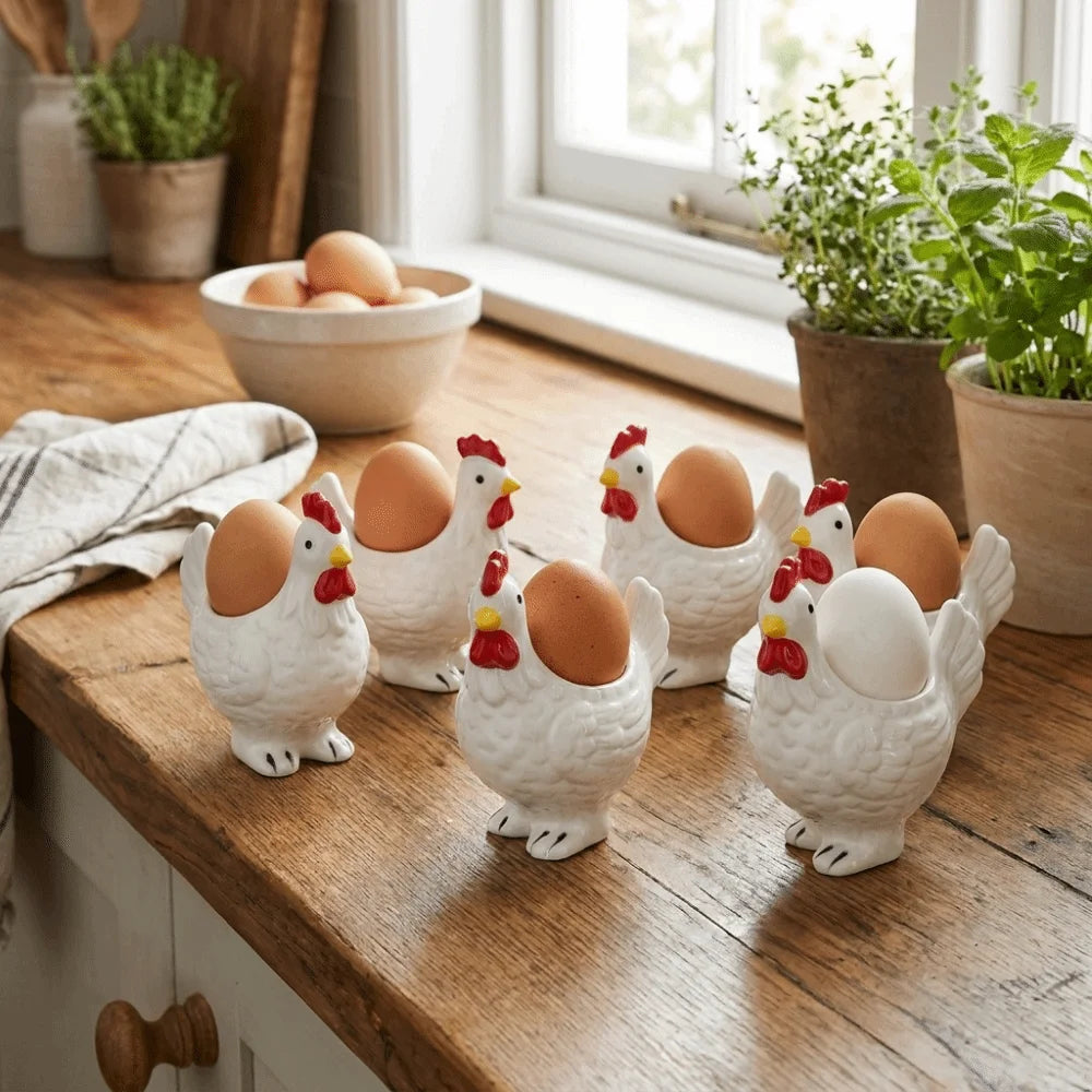 A collection of white ceramic chicken eggs with red combs and brown shells displayed on a wooden surface.