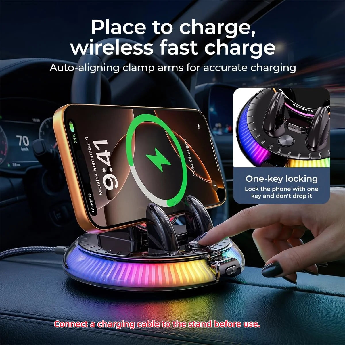 A smartphone is charging on an auto-aligning clamp arm mount with RGB ambient light and one-key locking mechanism in a car in