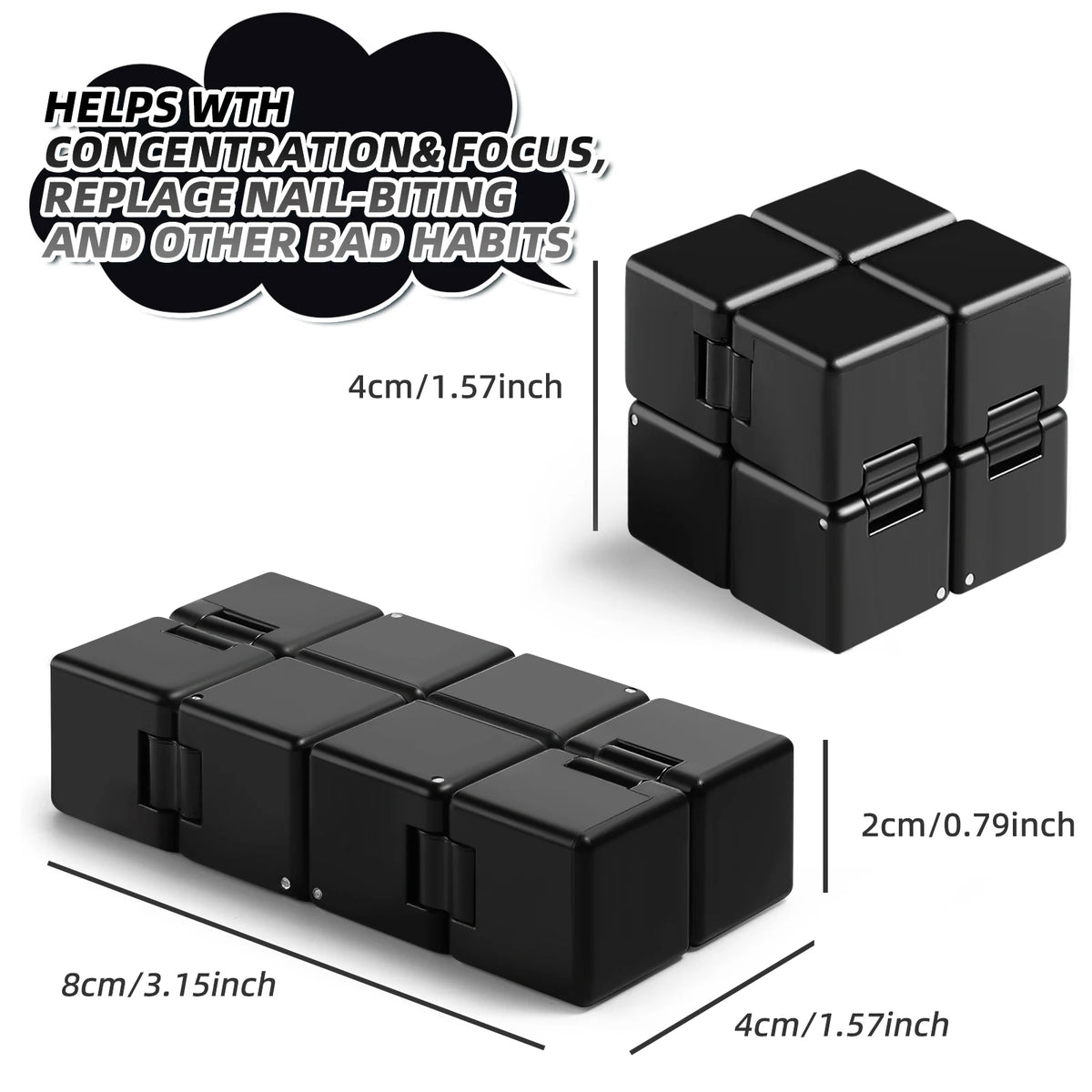 A black infinity cube fidget toy shown in various arrangements and dimensions.