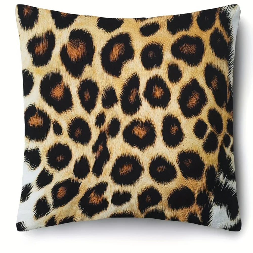 A square decorative pillowcase featuring a leopard print design in shades of brown and black.