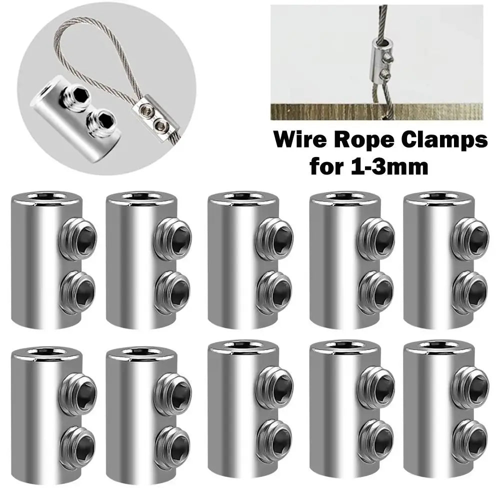 A set of ten stainless steel wire rope clamps for 1-3mm wire diameter.