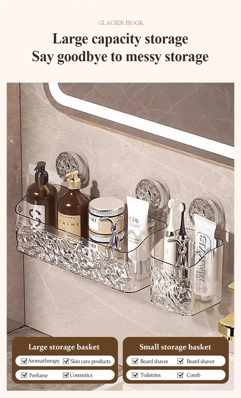 A clear wall-mounted storage basket with a water ripple design holding various personal care products like perfume and cosmet