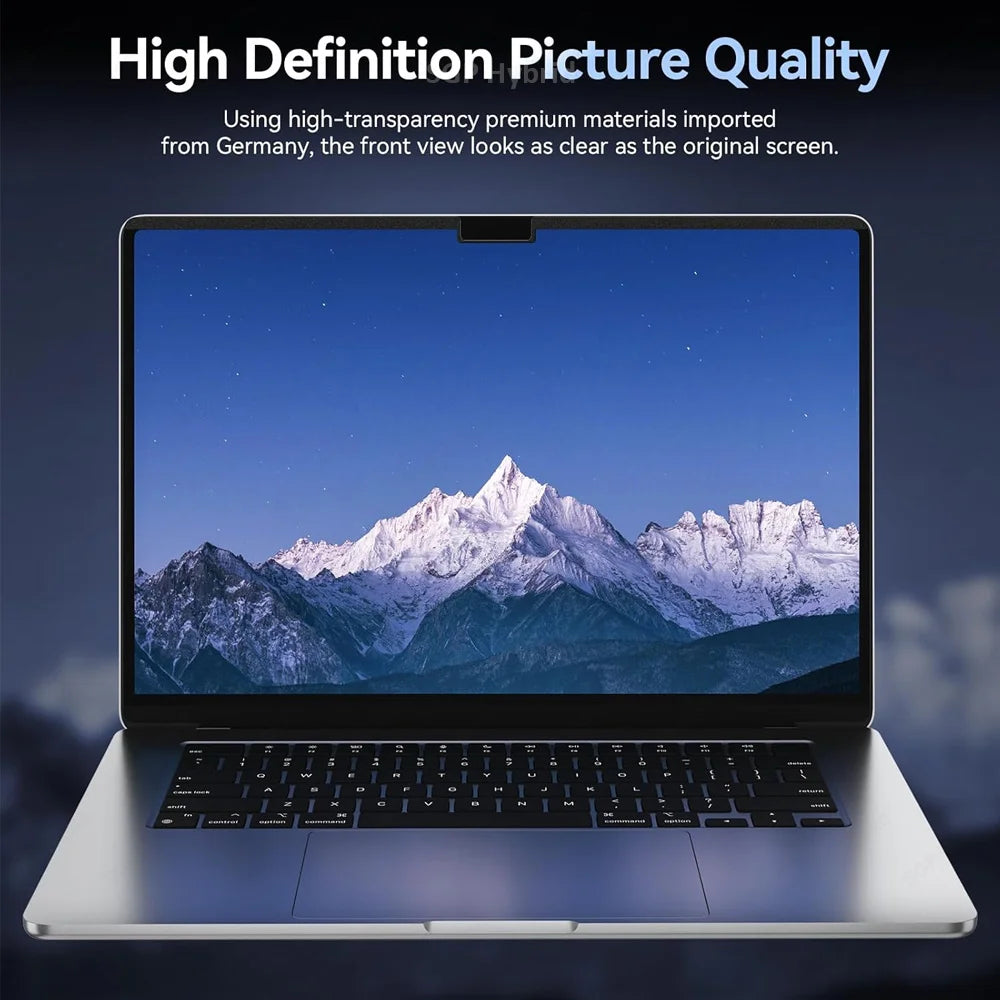 A laptop screen displaying a mountain landscape, featuring a high-definition picture quality view.