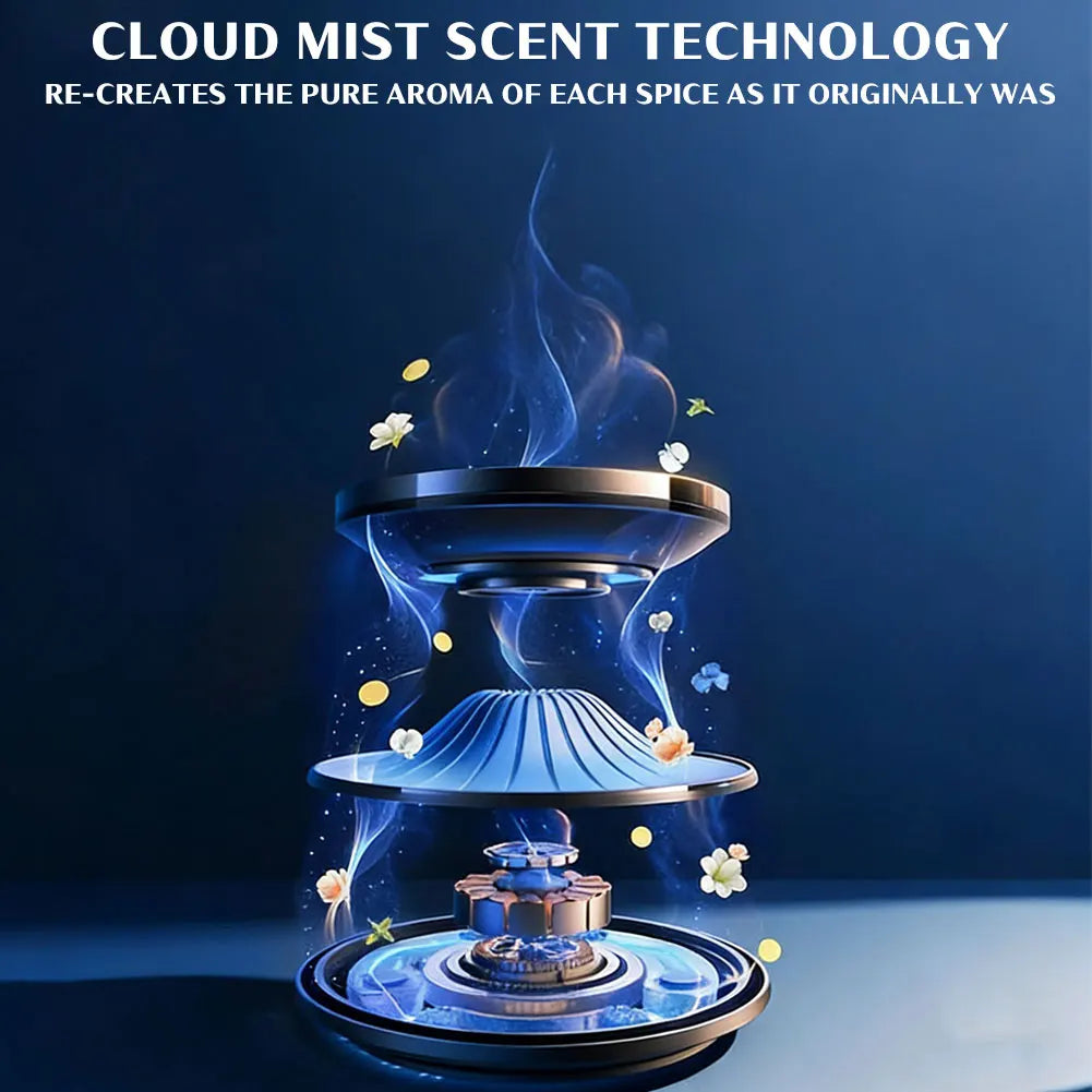 A glass diffuser emitting blue mist and light, demonstrating cloud mist scent technology.