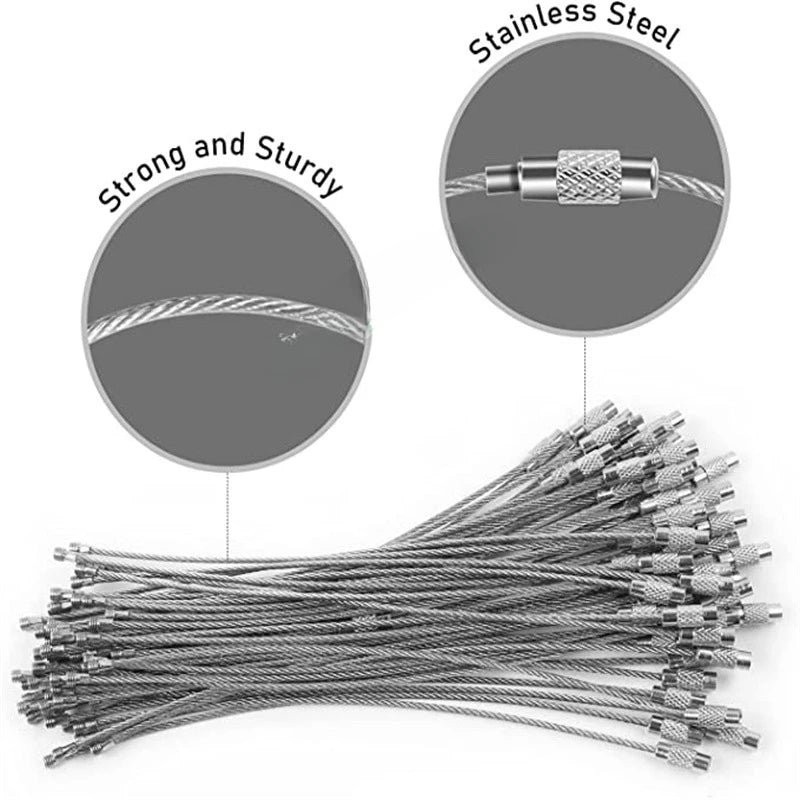 A bundle of thin stainless steel wire cables with screw locks.