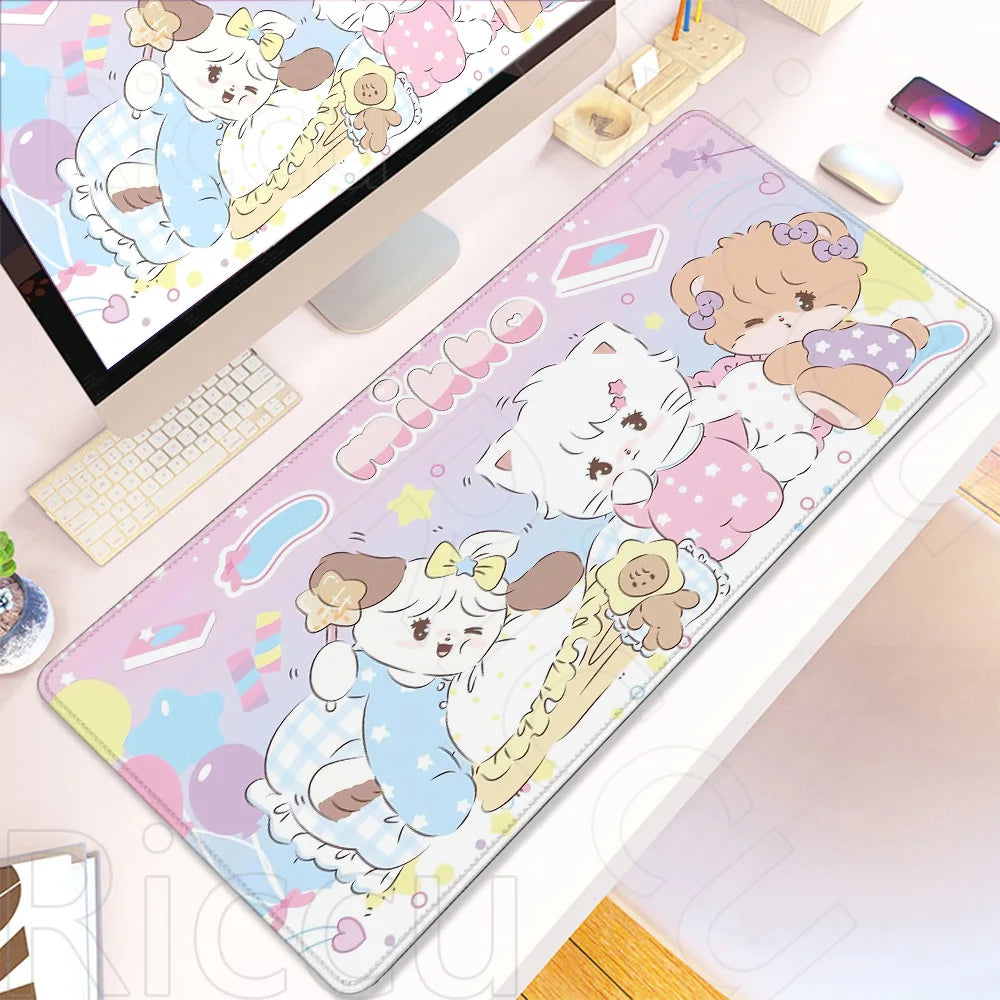 A pink and white kawaii cartoon gaming desk mat featuring cute cats and characters with a non-slip rubber base.