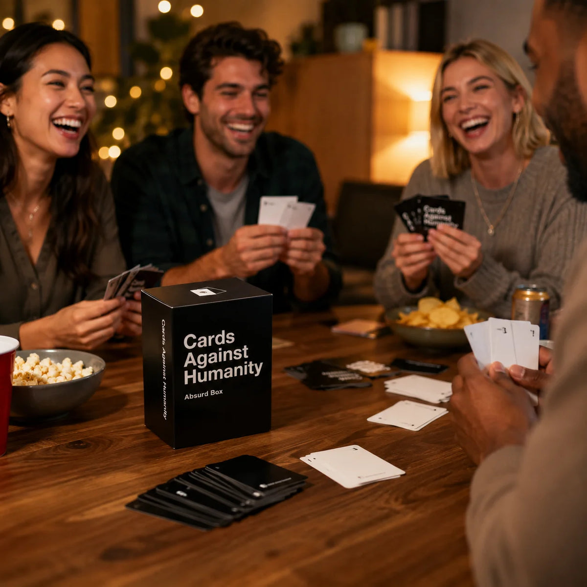 Four adults laughing while playing a card game on a wooden table with cards and game boxes.