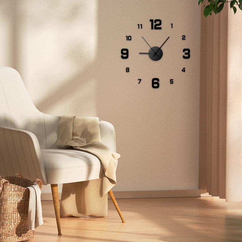 A modern living room features a light-colored armchair next to a wall clock with black numbers and hands.