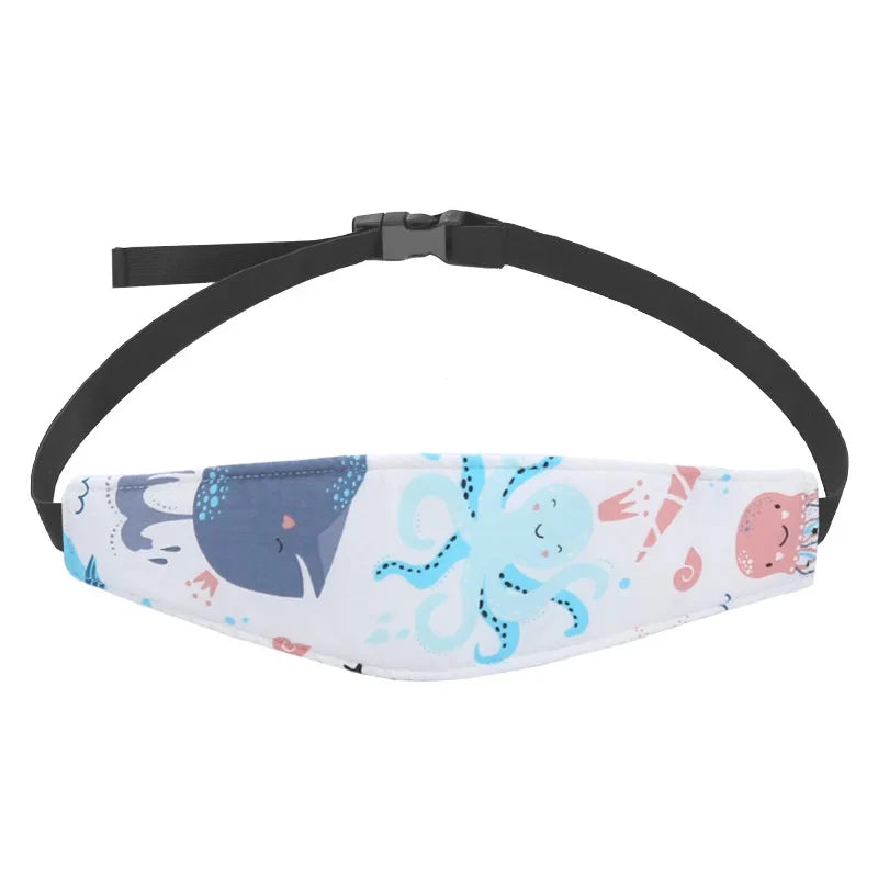 Adjustable baby car seat sleeping headrest with a fabric cover and black belt strap.