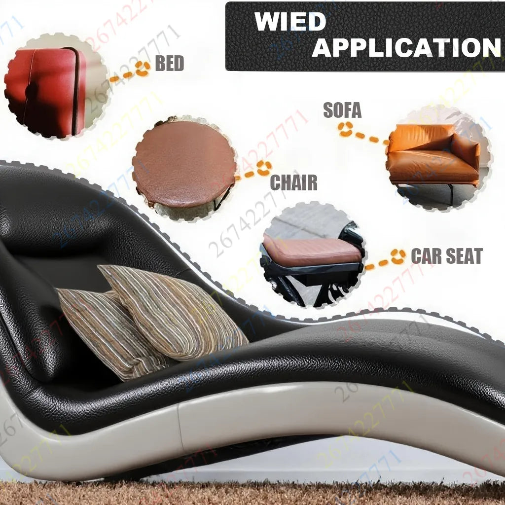 A variety of self-adhesive faux leather repair tapes are shown applied to different furniture items like a bed, sofa, chair, 