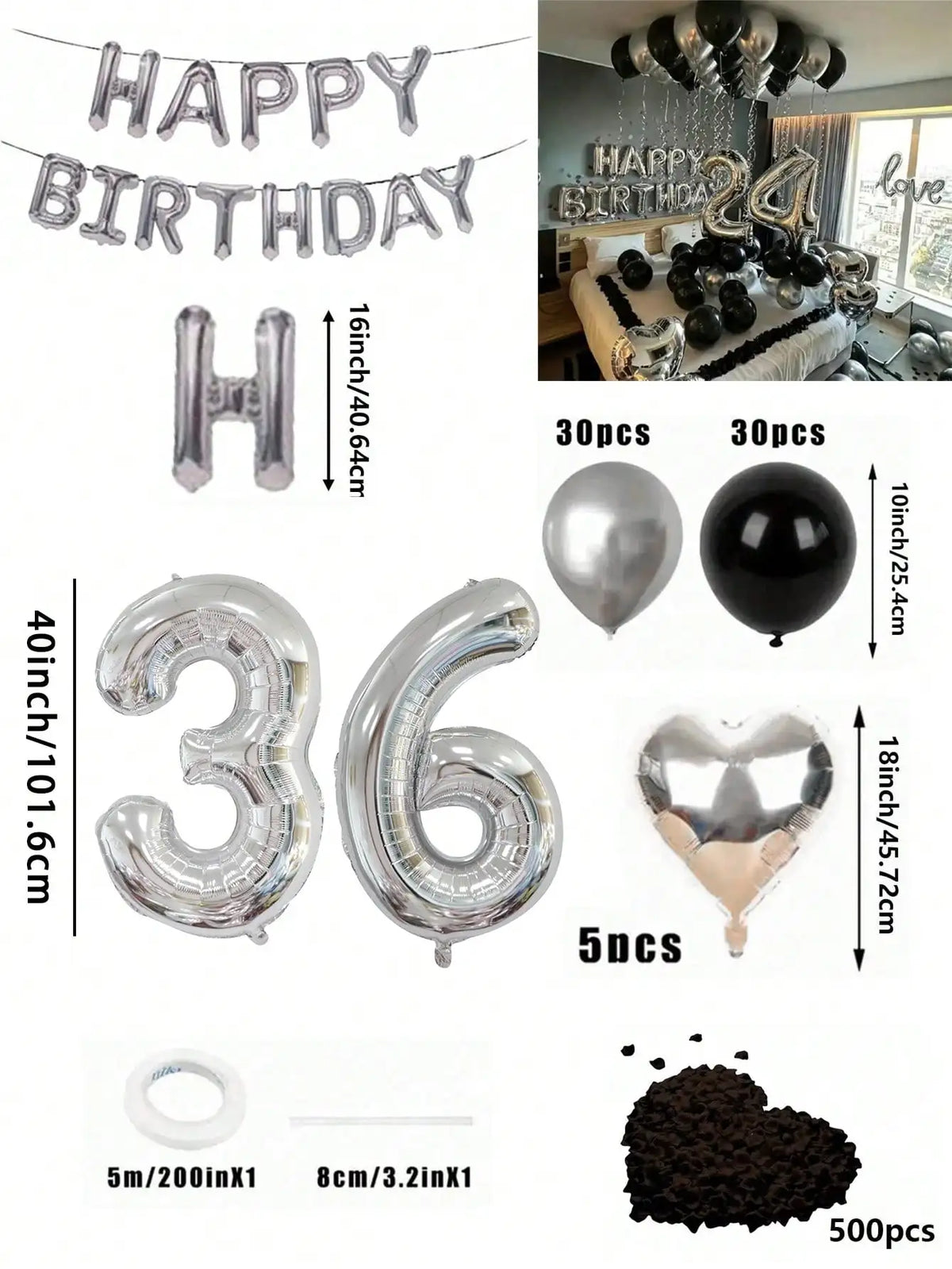 A kit for creating a balloon garland featuring silver and black foil numbers and balloons.