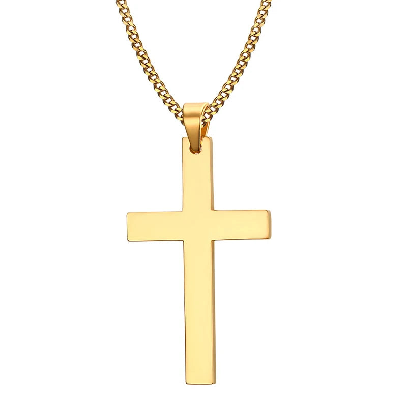 A gold-colored stainless steel cross pendant necklace with a chain.