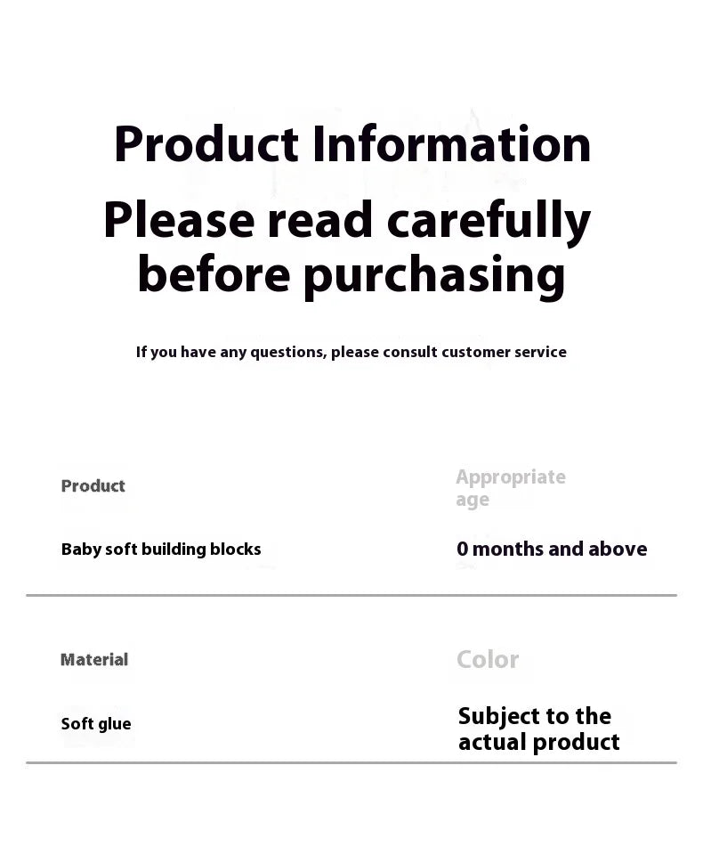 Product information page for baby soft building blocks, detailing material and age appropriateness.