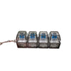 A set of five clear plastic LED light-up keyboard keychains or fidget toys attached to a chain.