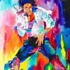 A vibrant painting of Michael Jackson performing, featuring bright colors and dynamic movement.