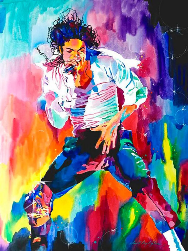 A vibrant painting of Michael Jackson performing, featuring bright colors and dynamic movement.
