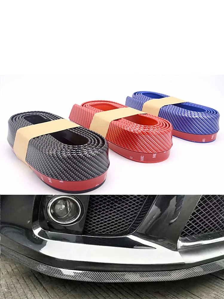 Three colored carbon fiber rubber anti-collision strips for a universal car front bumper lip protector.