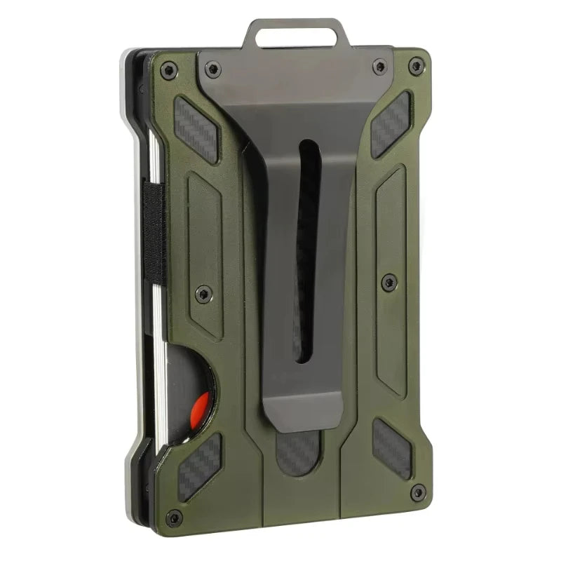 A slim aluminum money clip wallet in olive green and black with a protective sleeve.