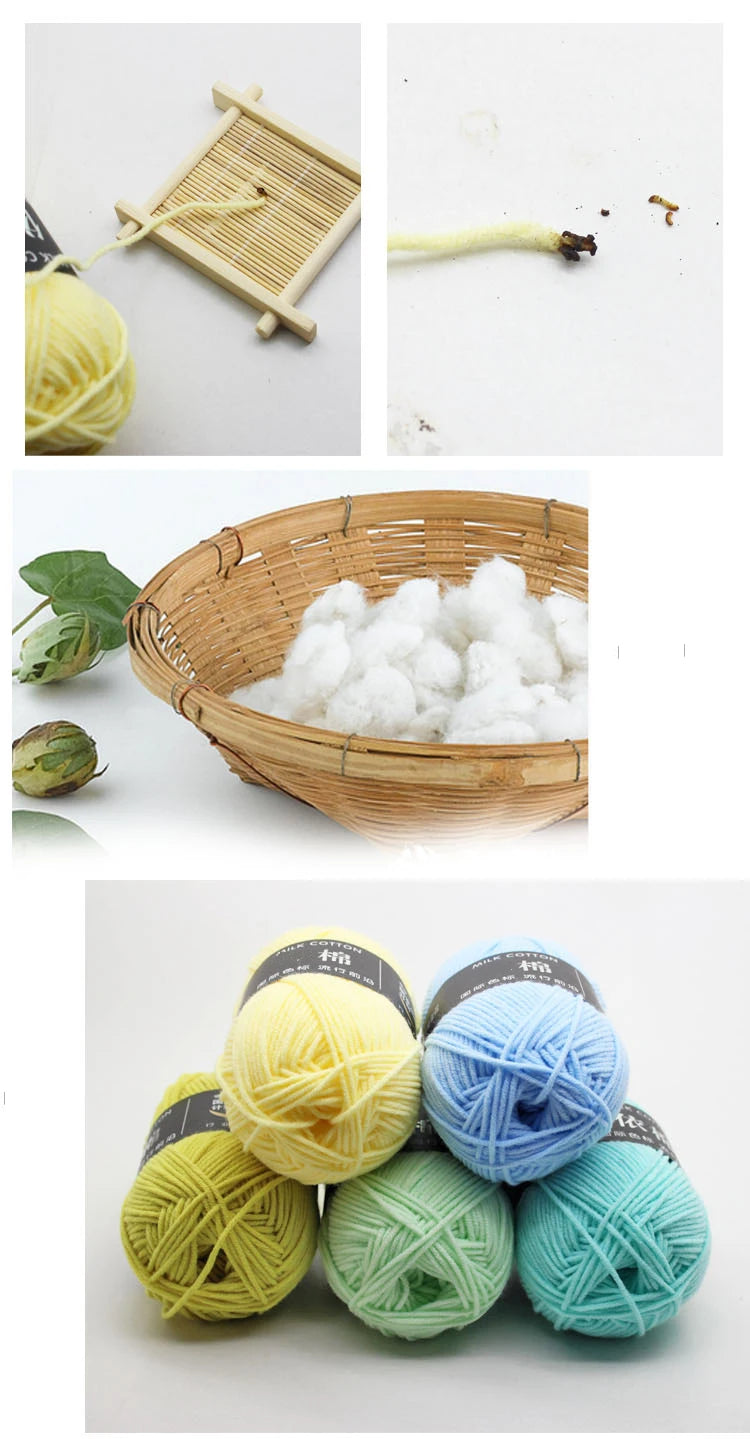 A collection of soft 4-ply milk cotton yarn in various shades of yellow, green, and blue is displayed.