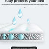 A cross-section view of a waterproof diaper barrier protecting a bed, showing layers of fabric and water droplets.