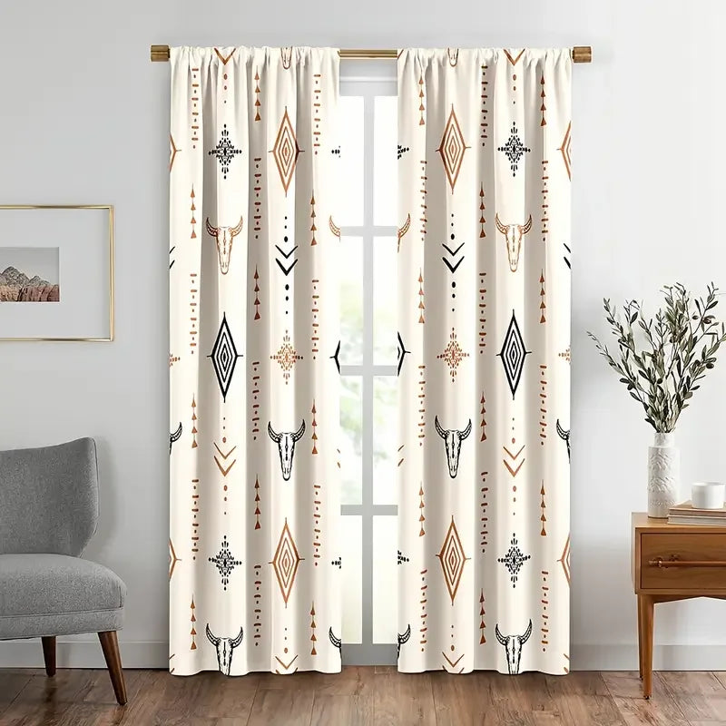 Light filtering window panels featuring a boho tribal bull skull print in beige and white patterns.