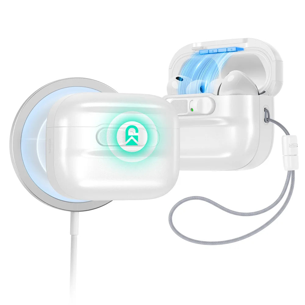 A white AirPods Pro 3 case with a secure magnetic lock and drop protection feature is shown connected to a charging cable.