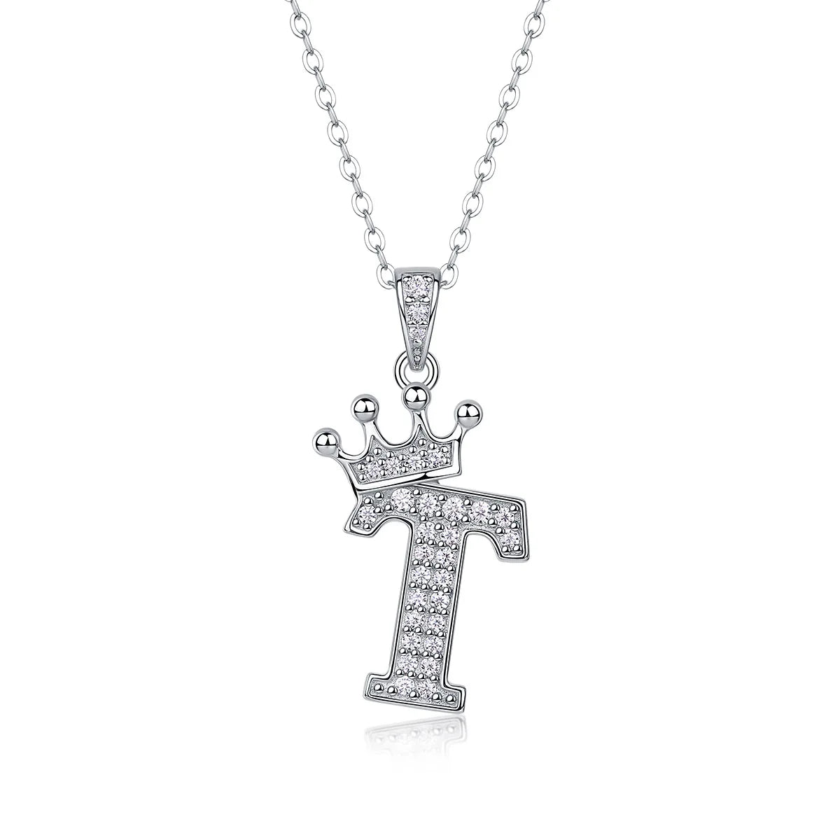 A sterling silver moissanite letter T pendant necklace with a crown design.