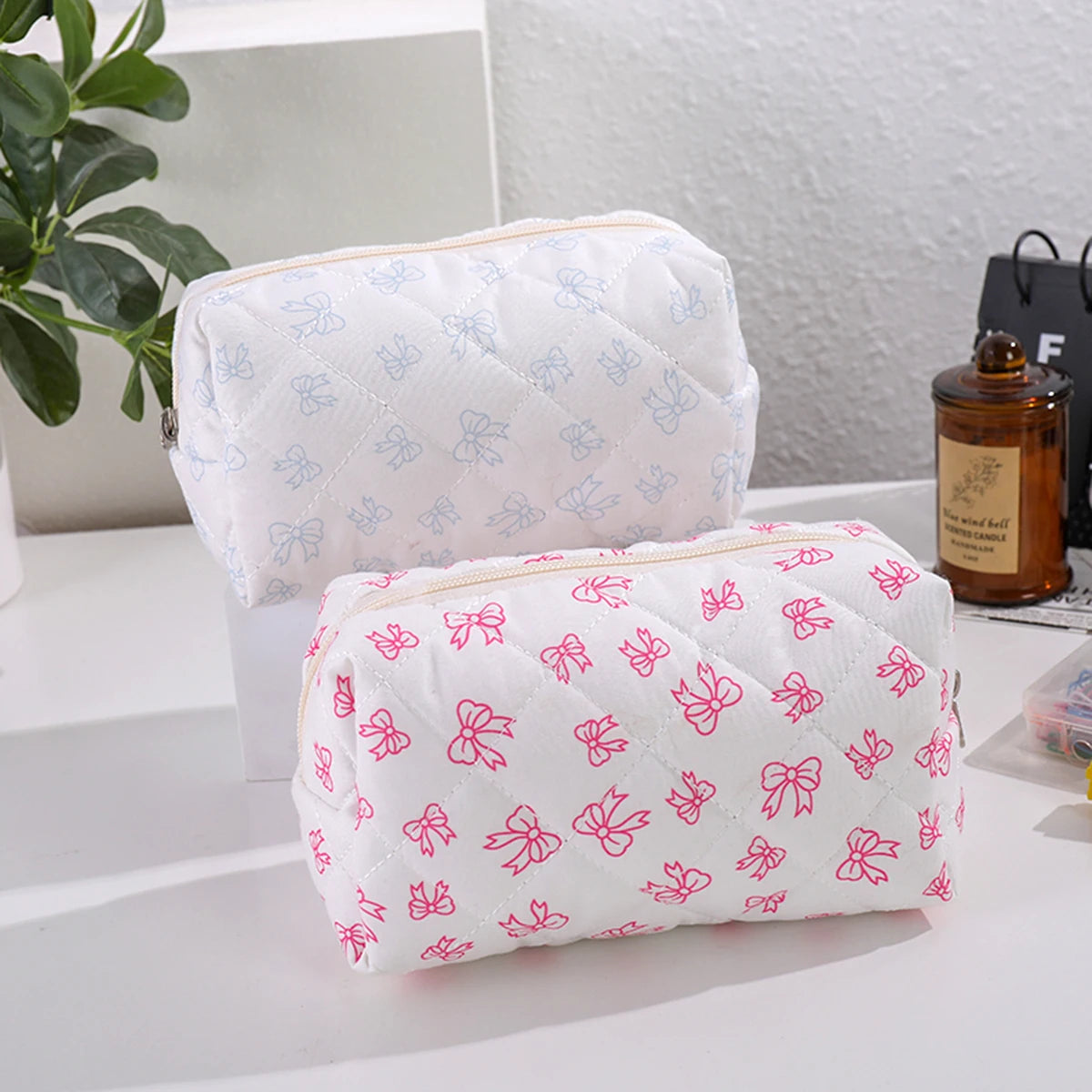 Bowknot Print Makeup Bag - Large Capacity Travel Toiletry Organizer