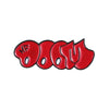 Red bubble enamel pin brooch featuring the text MF DOOM
