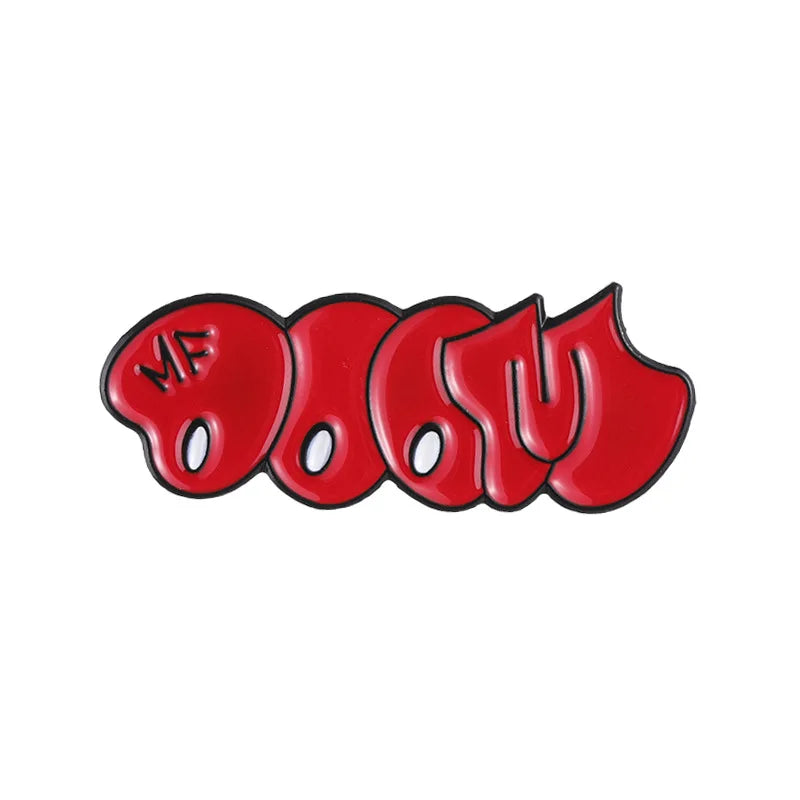 Red bubble enamel pin brooch featuring the text MF DOOM