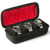 Black watch travel organizer case with a red velvet lining and multiple padded slots for storing watches.