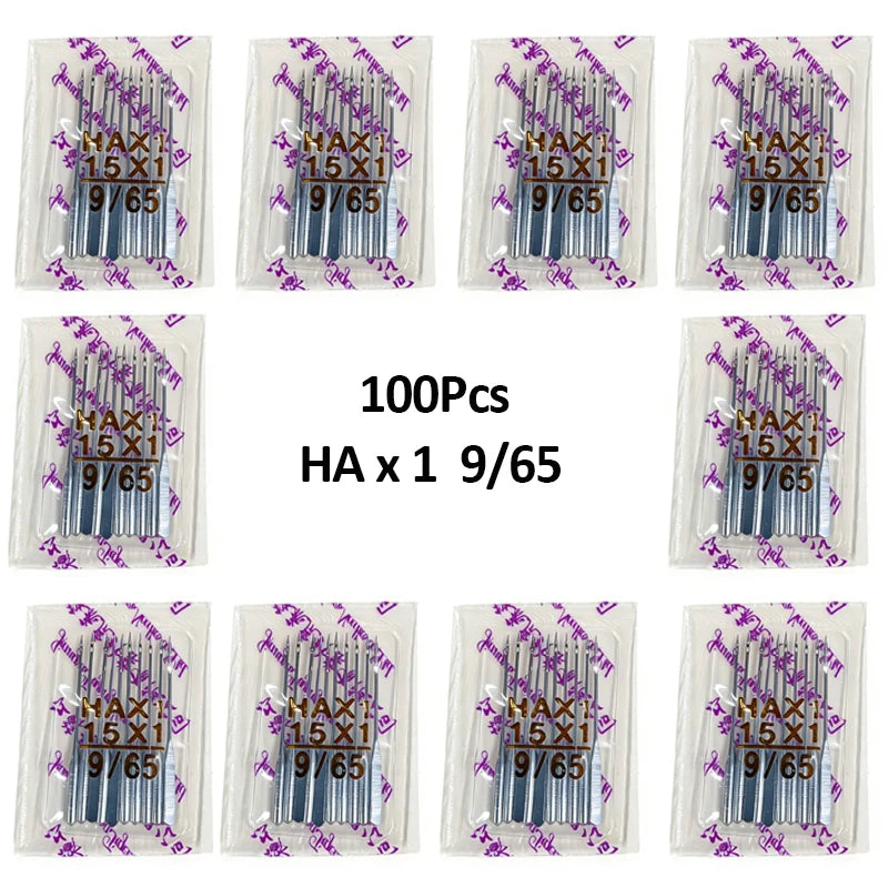 A pack of 100 sewing machine needles in various sizes, including 15x1 and 9/65.
