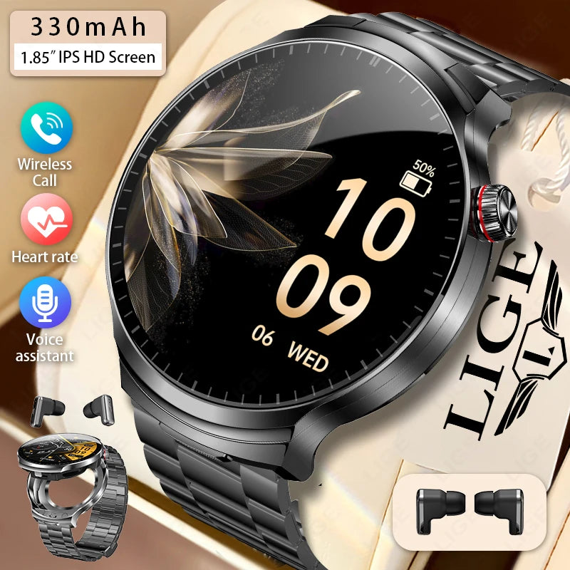 Montre connectée noire avec affichage de l'heure et de la batterie, à côté d'un écouteur sans fil.