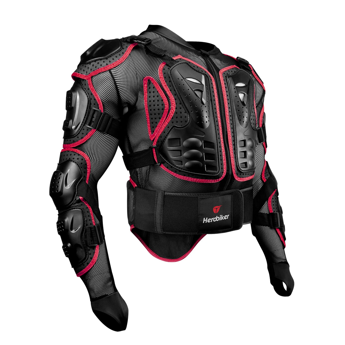 Black motocross armor jacket with red accents and impact protection features