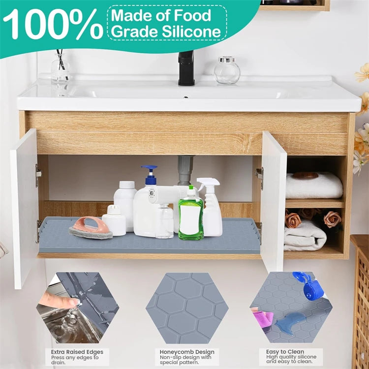 Flexible silicone under-sink mat with raised edges for draining and easy cleaning
