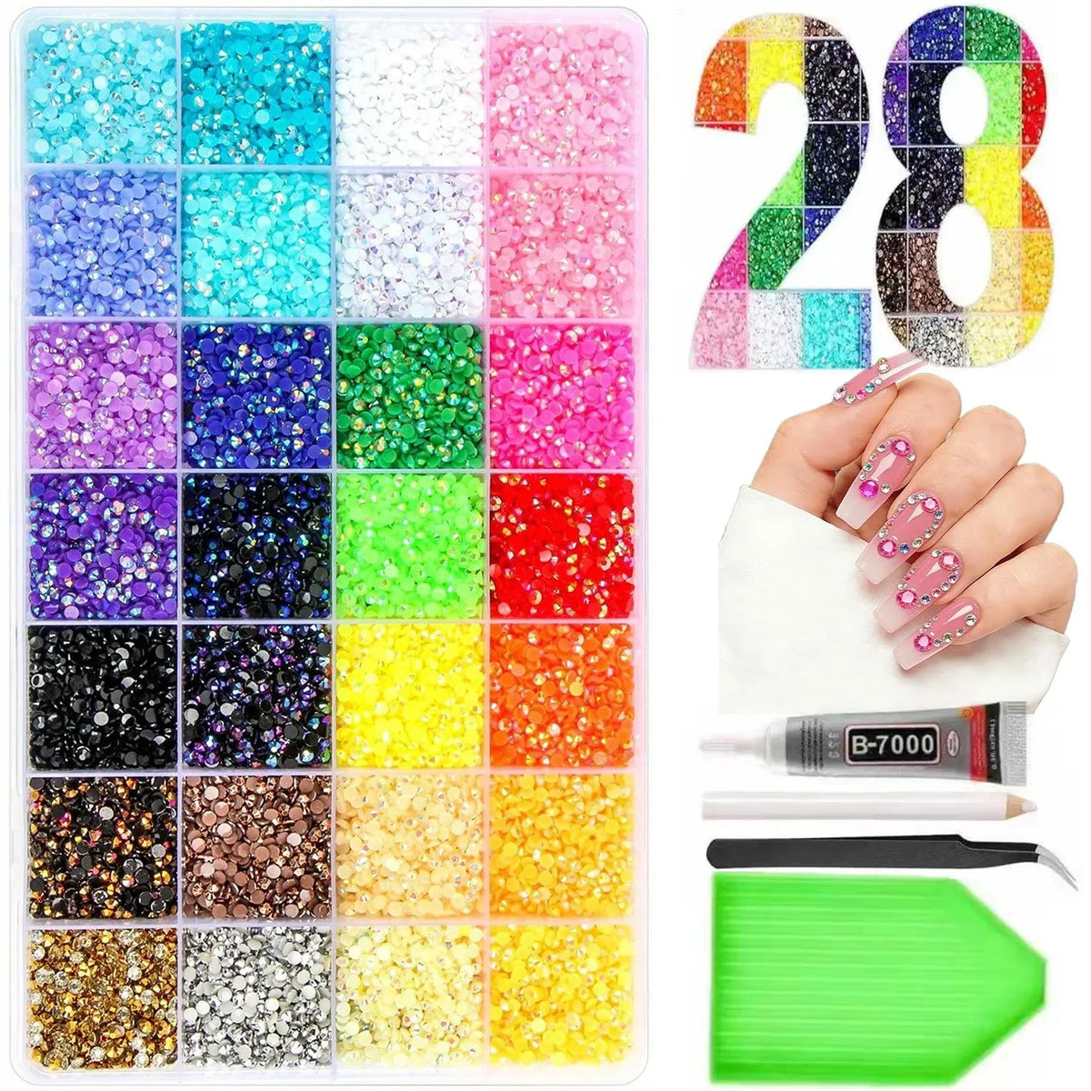 A grid of multicolor flatback resin gems and rhinestones in various colors displayed on a white background.