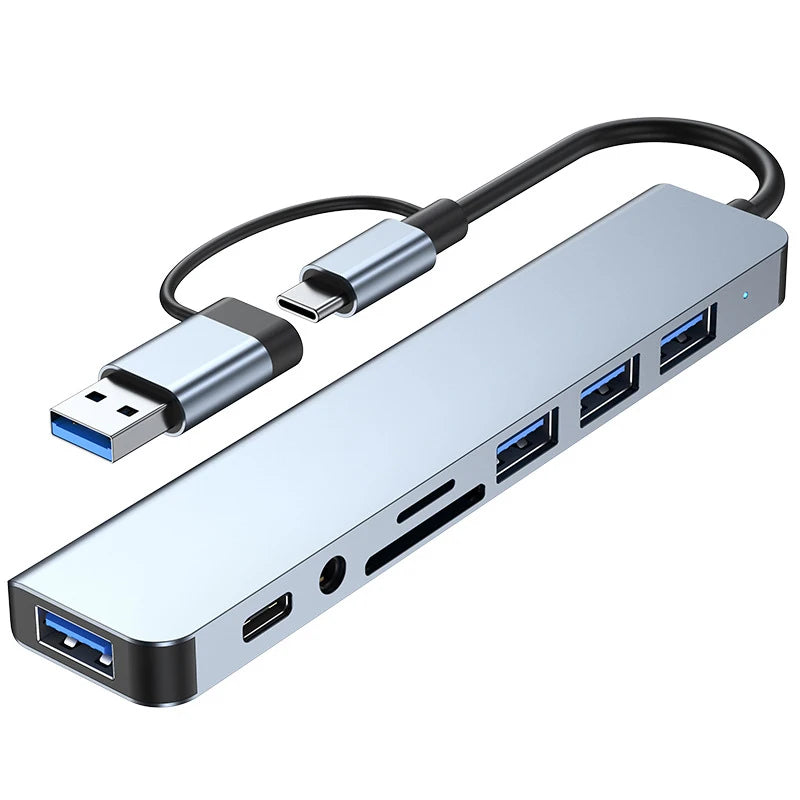 8-in-1 USB & USB-C Docking Hub with Audio Jack and Card Reader