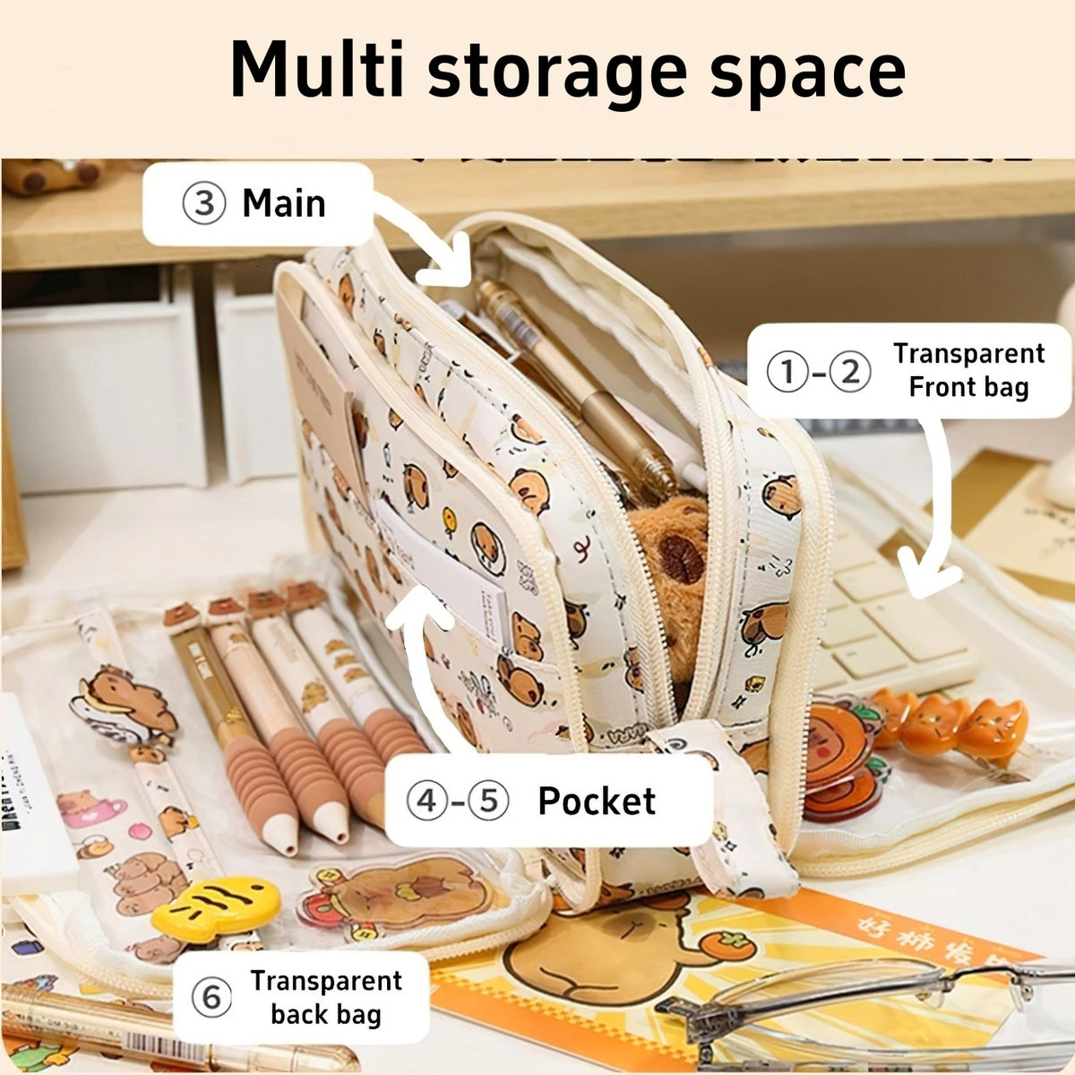 Transparent Double-Sided Pencil Case with Capybara Design