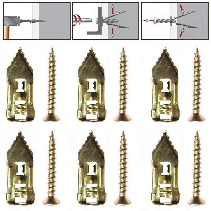 A collection of heavy-duty self-drilling drywall anchors in various sizes and angles.