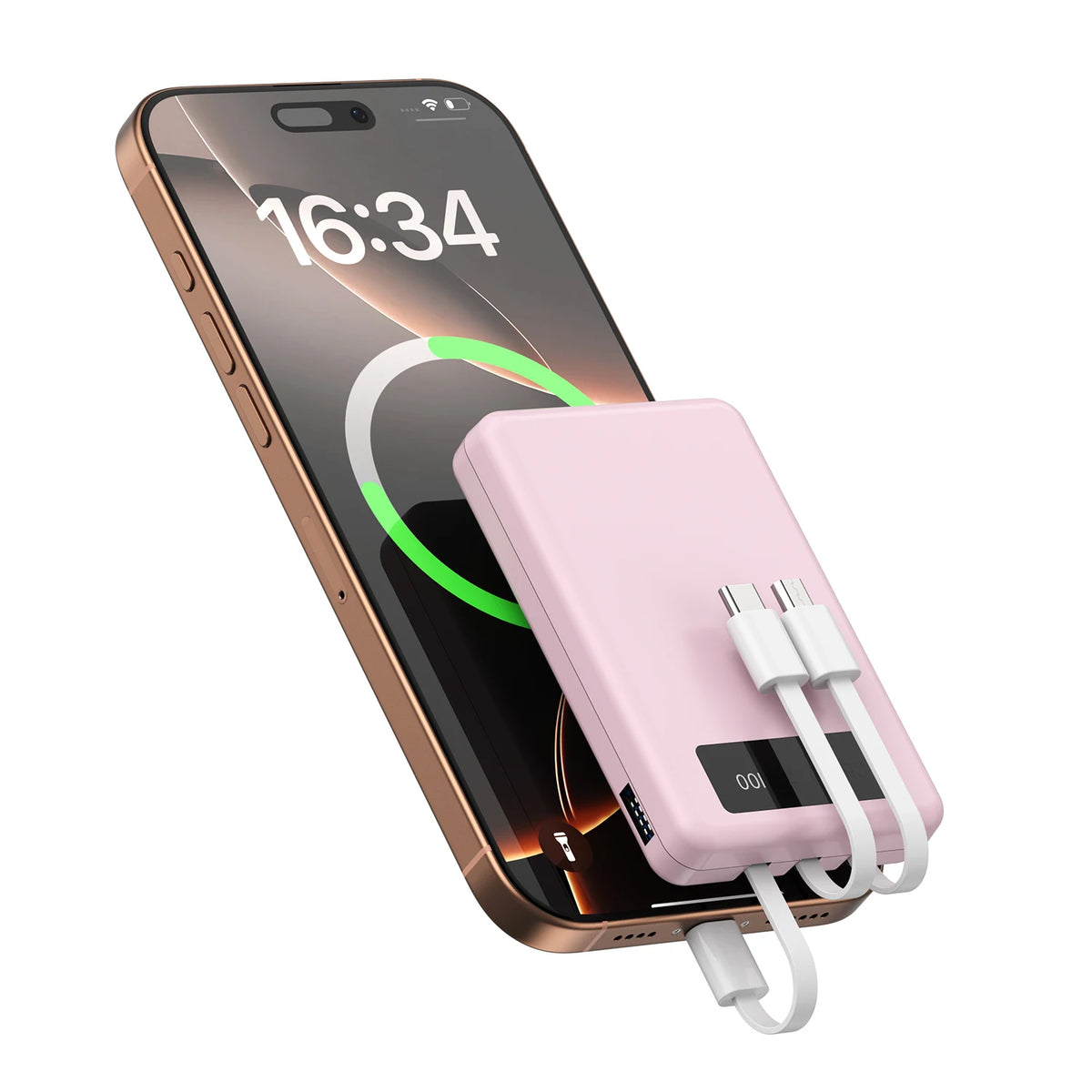 Slim 10000mAh Power Bank with Digital Display and Built-In Cables