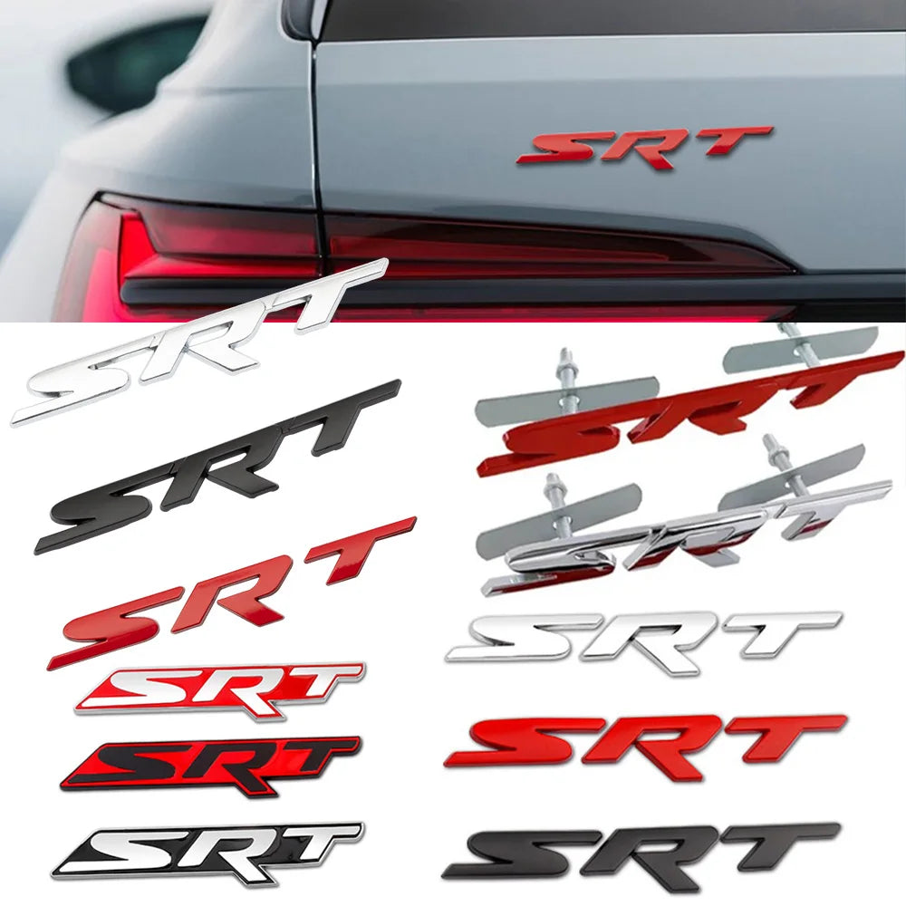 A collection of metal SRT grille emblems and stickers in various colors including silver, black, and red.