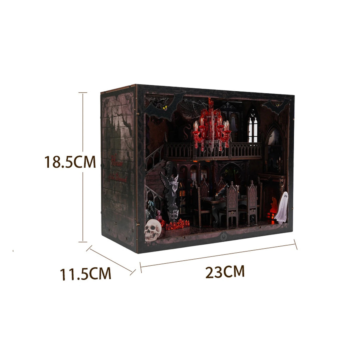 A wooden book nook kit featuring a spooky Halloween miniature shelf insert with LED lights.