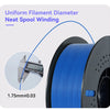 Close-up view of a blue filament spool showing uniform diameter neat spool winding, with a measurement of 1.75mm ±0.03.