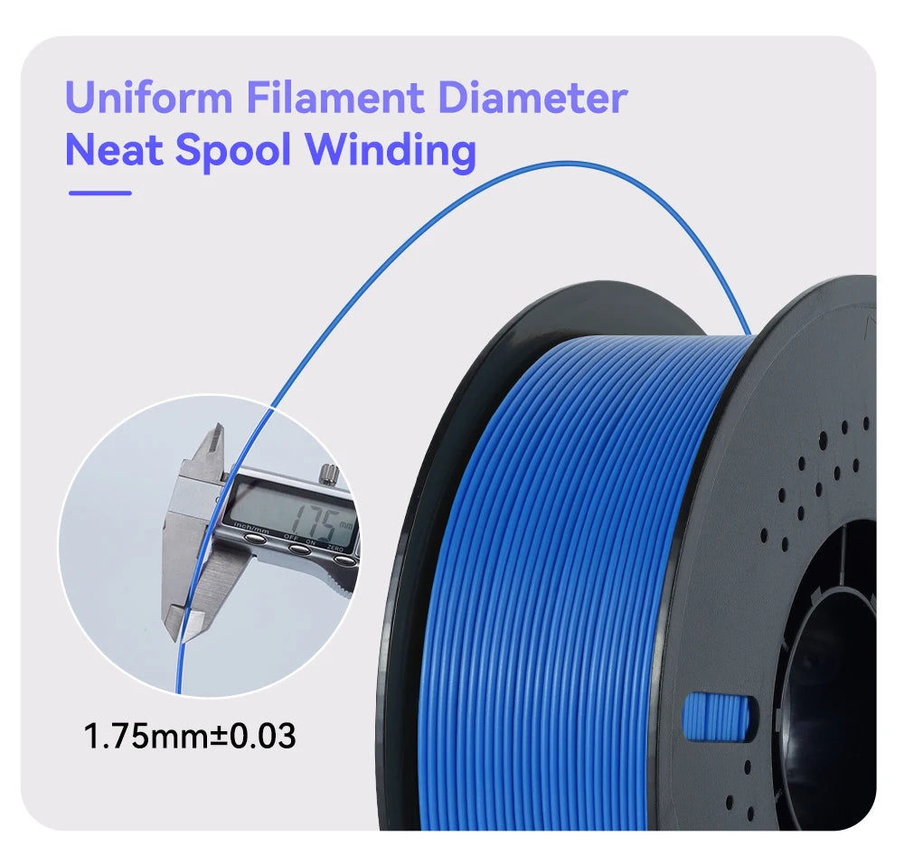 Close-up view of a blue filament spool showing uniform diameter neat spool winding, with a measurement of 1.75mm ±0.03.
